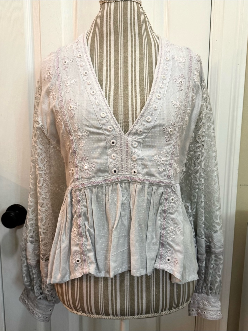 Free People White Lace Peasant Blouse with Embroidered Details